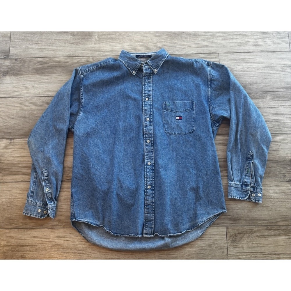 Tommy Hilfiger Men's Jean Button Up Long Sleeve Shirt Size‎ XL Vintage Dadcore